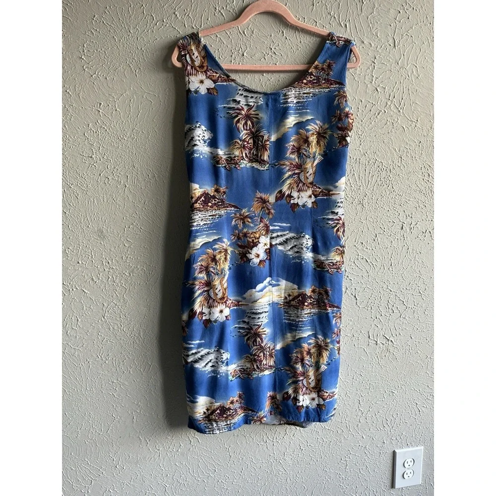 Women's Hilo Hattie Blue Tropical Rayon Sarong Wrap Dress Floral Hawaiian Size L - Picture 8 of 14